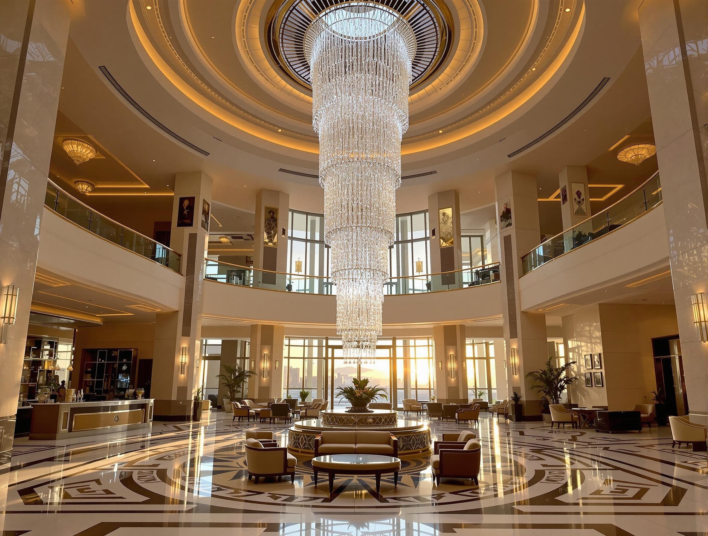 Al Safir Hotel's grand lobby with elegant chandelier